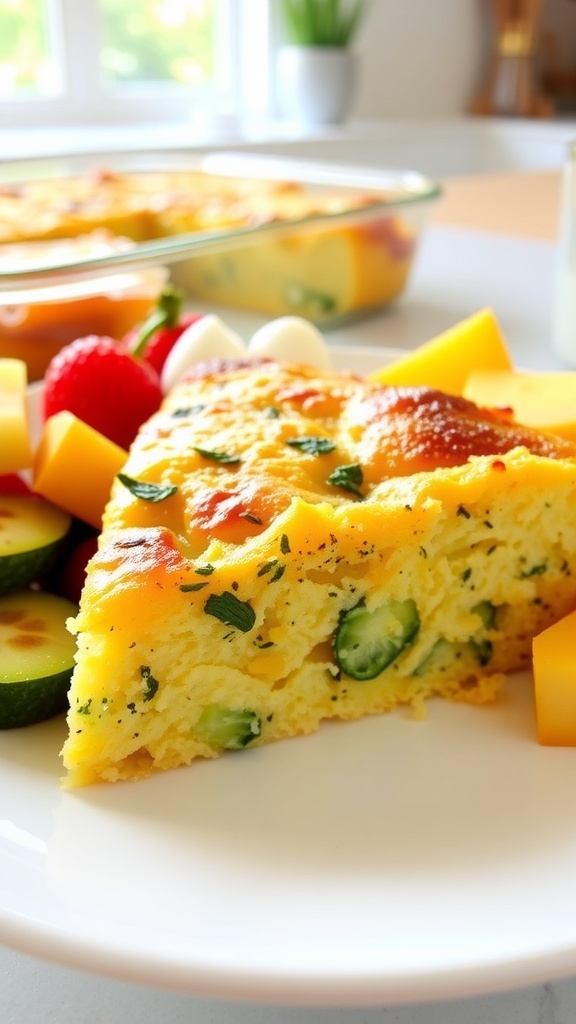 A slice of egg and zucchini breakfast casserole on a plate, garnished with herbs, with a side of fruit.